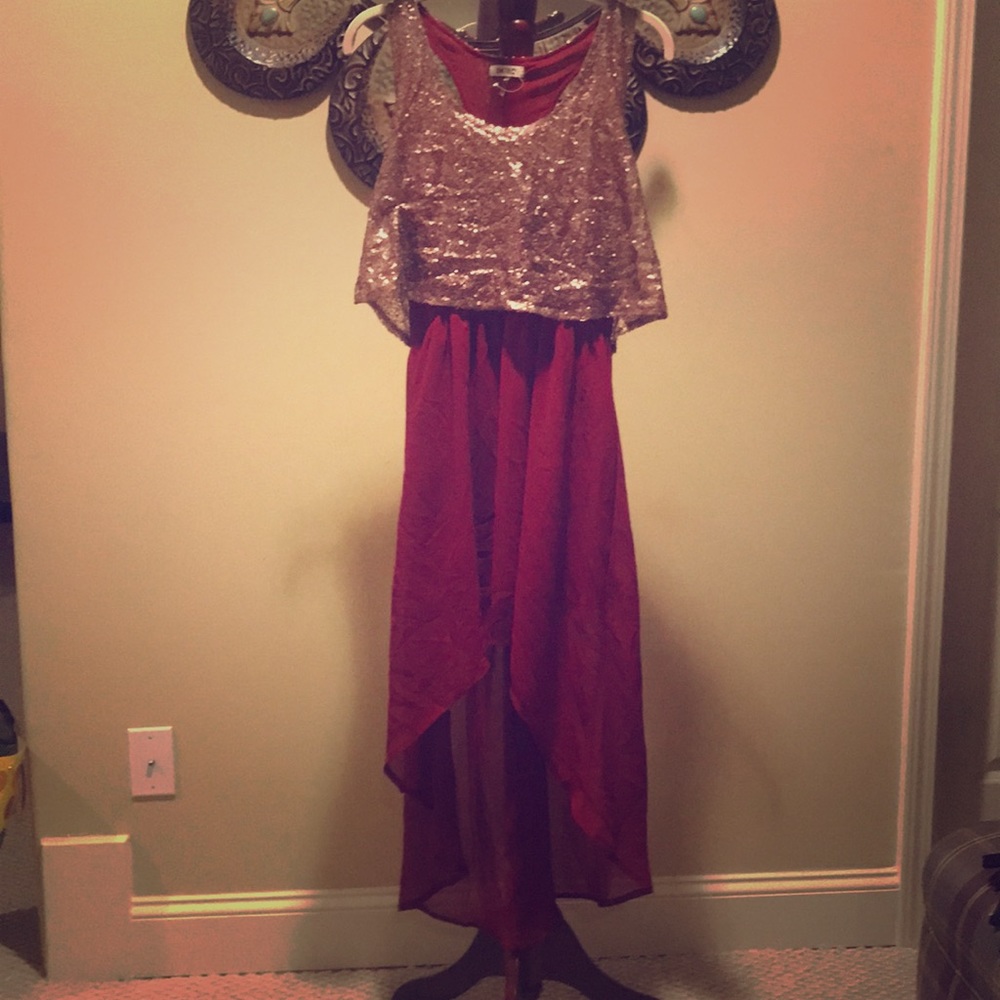 Wine Shimmery gold high low dress